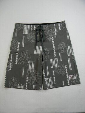 Wailoa Board Shorts Gray Tropical Monstera Print Swim Trunks Men’s 36
